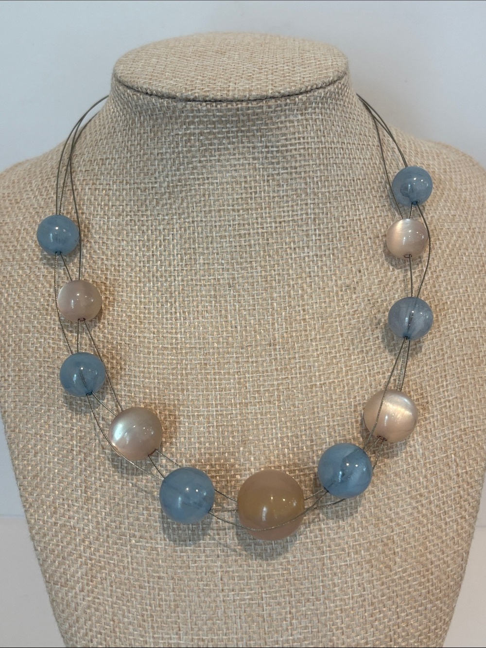 Multi-Strand Floating Bead Necklace Blue Champagne Illusion Wire Statement